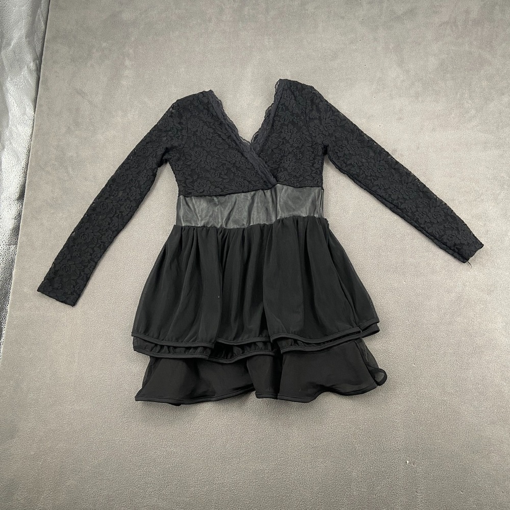 Womens Sz S Fit & Flare Mini Dress Black Lace Overlay Casual Wrap V Neck